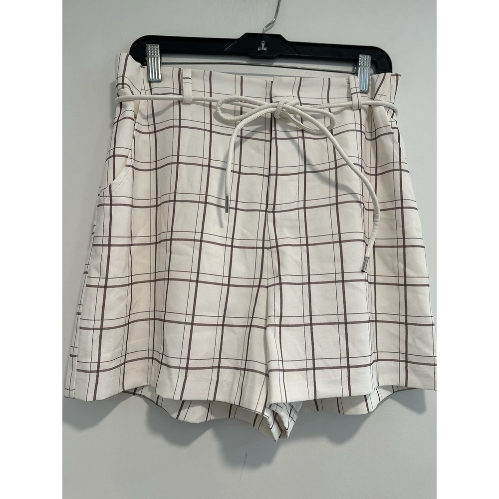 Mare Mare Anthropologie Sz:M Plaid High Rise Shorts Ivory Faux Leather Tie Belt